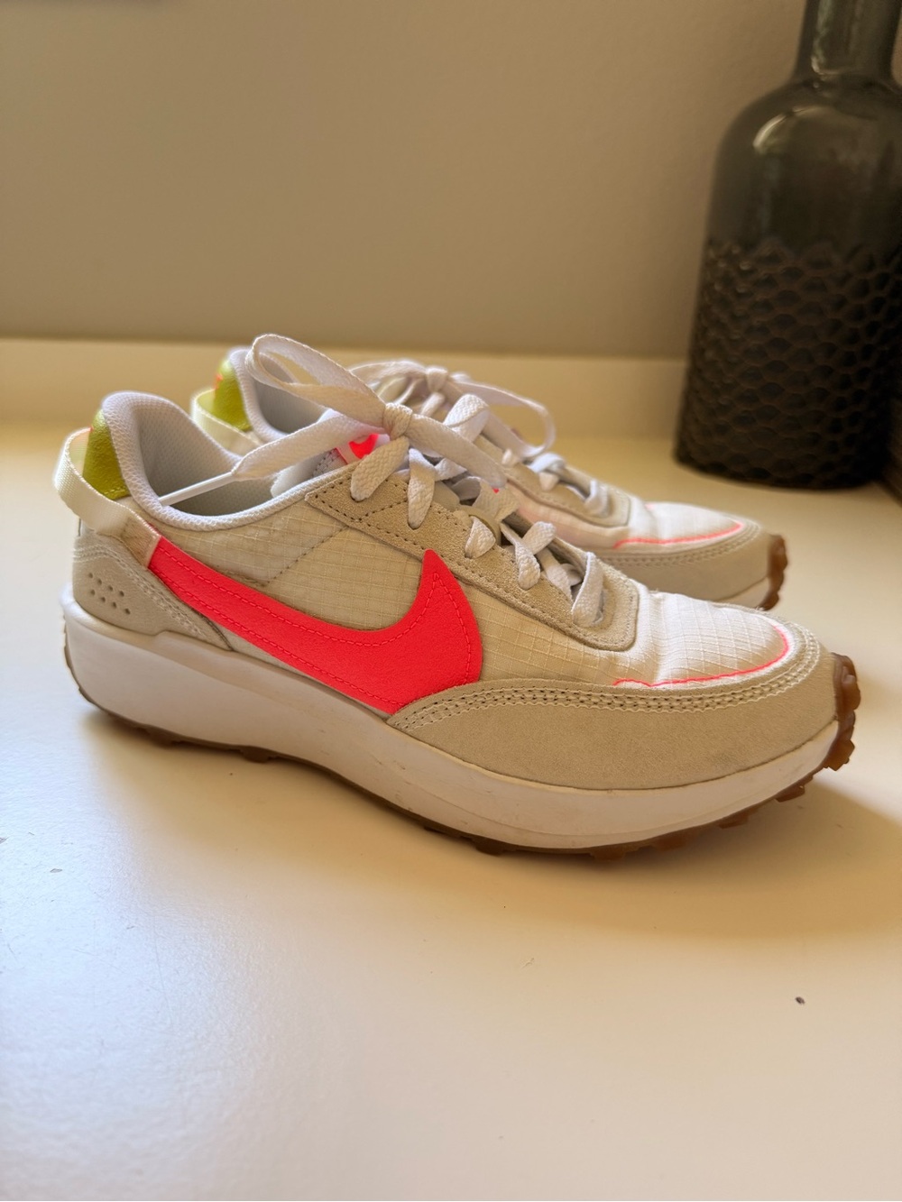 Nike Women’s Waffle Debut Athletic Shoes White with Hot Pink Swoosh Lime Accent